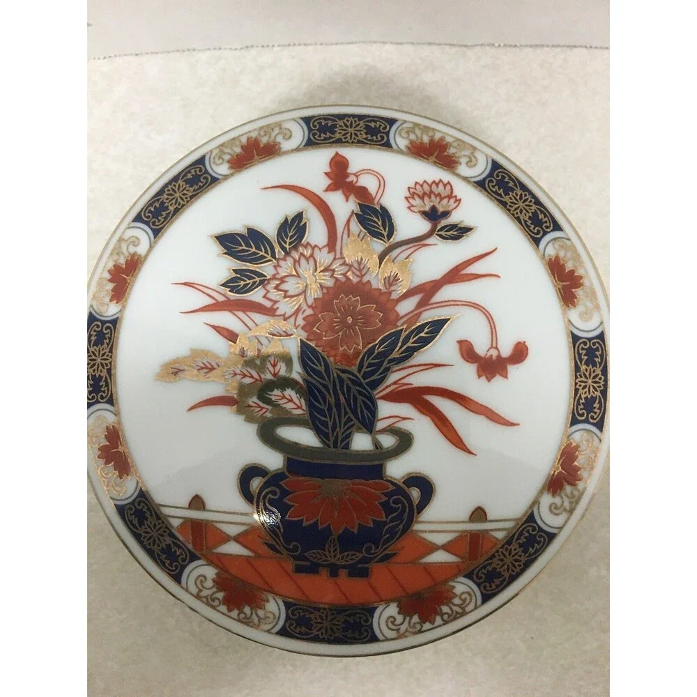 Vintage Oriental Porcelain Trinket Box Gold Rimmed Blue Red Gold Floral Design
